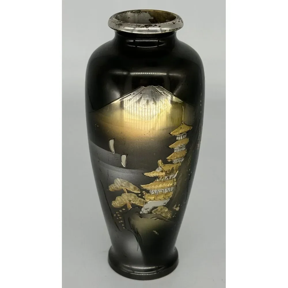 Vintage Japanese Etched Gilt‎ & Silver Patina Metal Vase Pagoda Mountain Valley